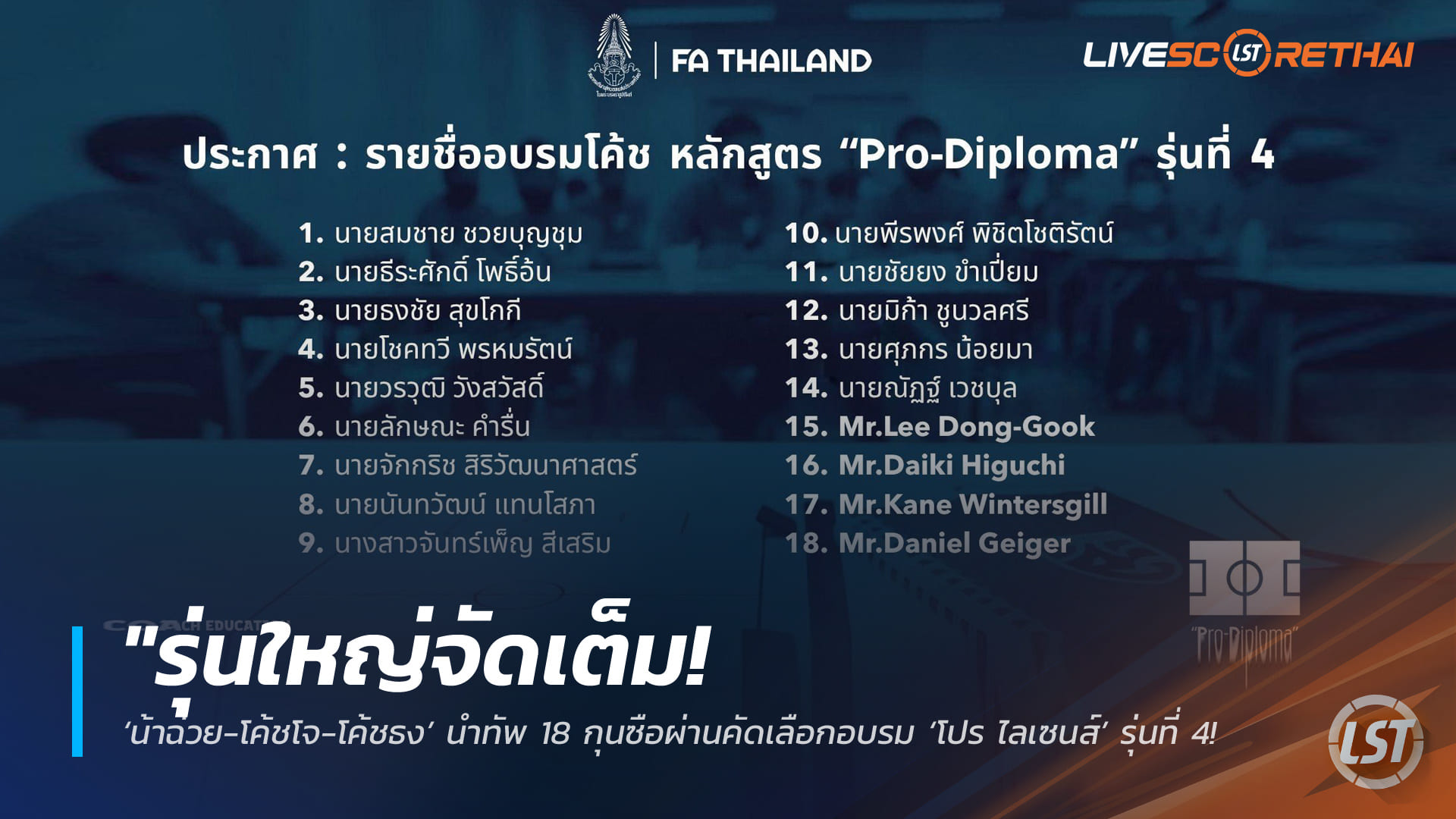 ข่าวฟุตบอลไทย วันจันทร์ ที่ 27 เมษายน 2568 : "รุ่นใหญ่จัดเต็ม! ‘น้าฉ่วย-โค้ชโจ-โค้ชธง’ นำทัพ 18 กุนซือผ่านคัดเลือกอบรม ‘โปร ไลเซนส์’ รุ่นที่ 4 – ยกระดับโค้ชไทยสู่มาตรฐานสูงสุดของเอเชีย"